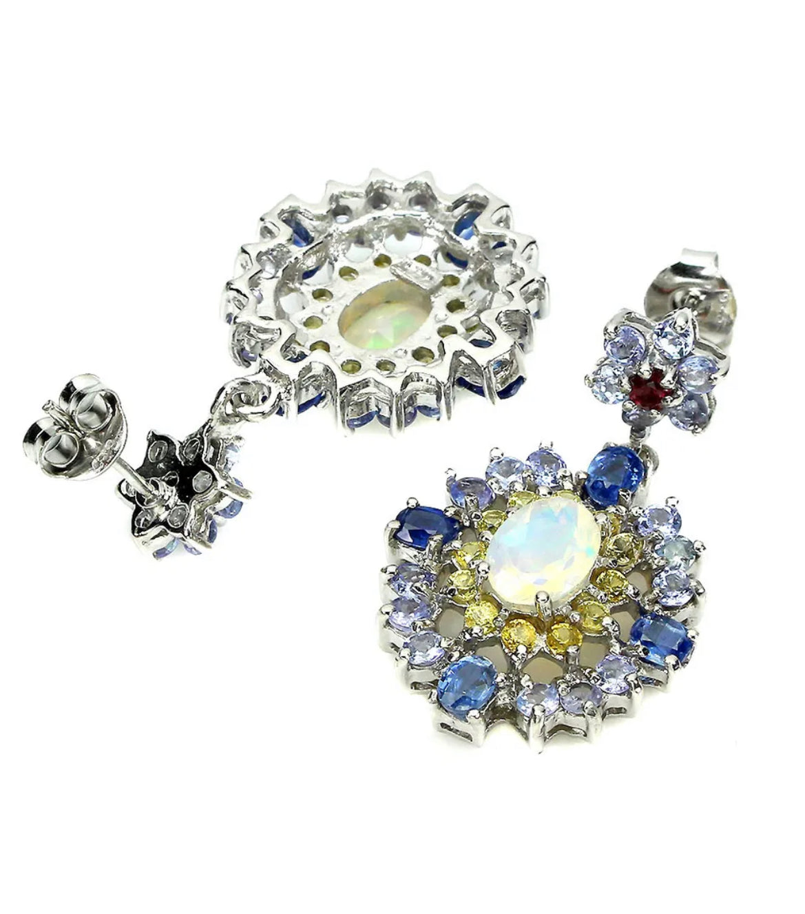 Unheated Oval fire opal kyanite sapphire 925 dangling earrings