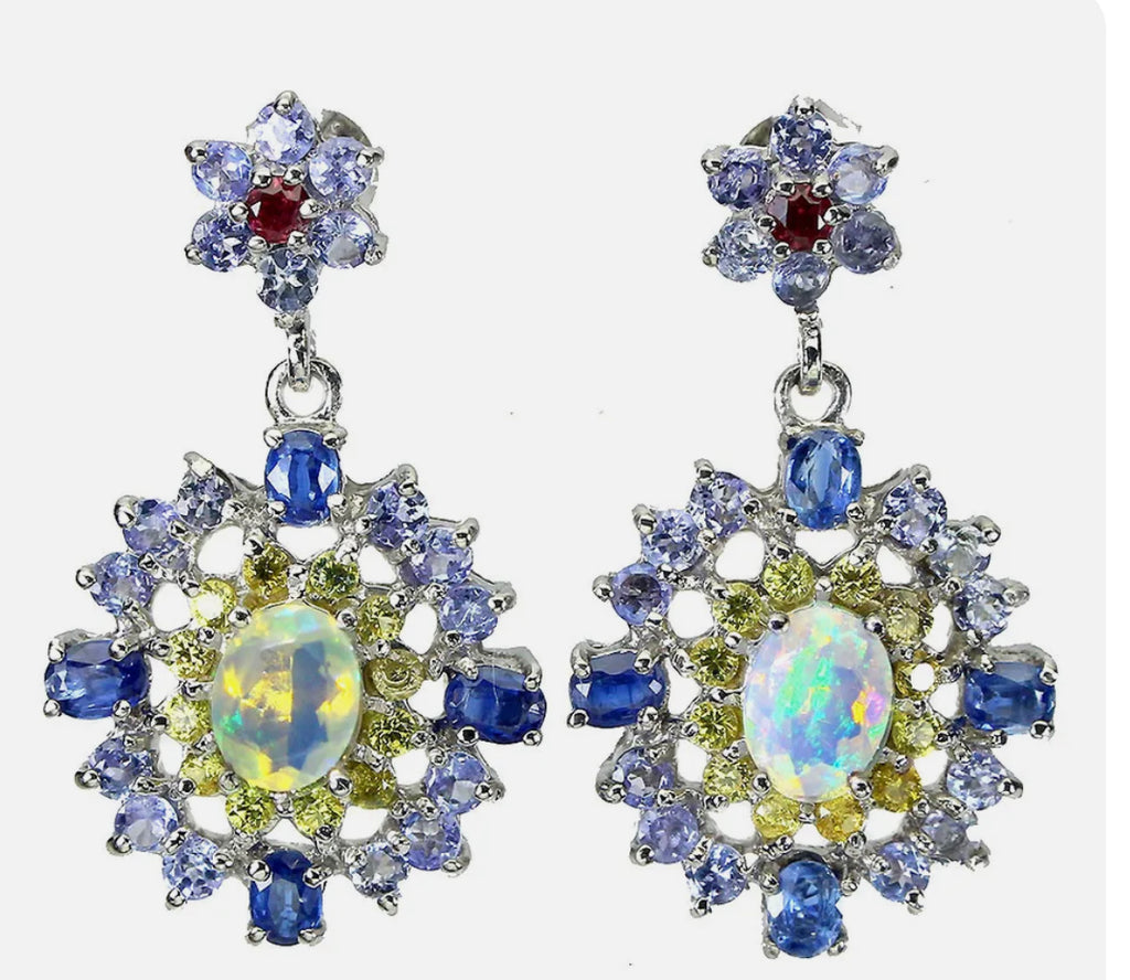 Unheated Oval fire opal kyanite sapphire 925 dangling earrings